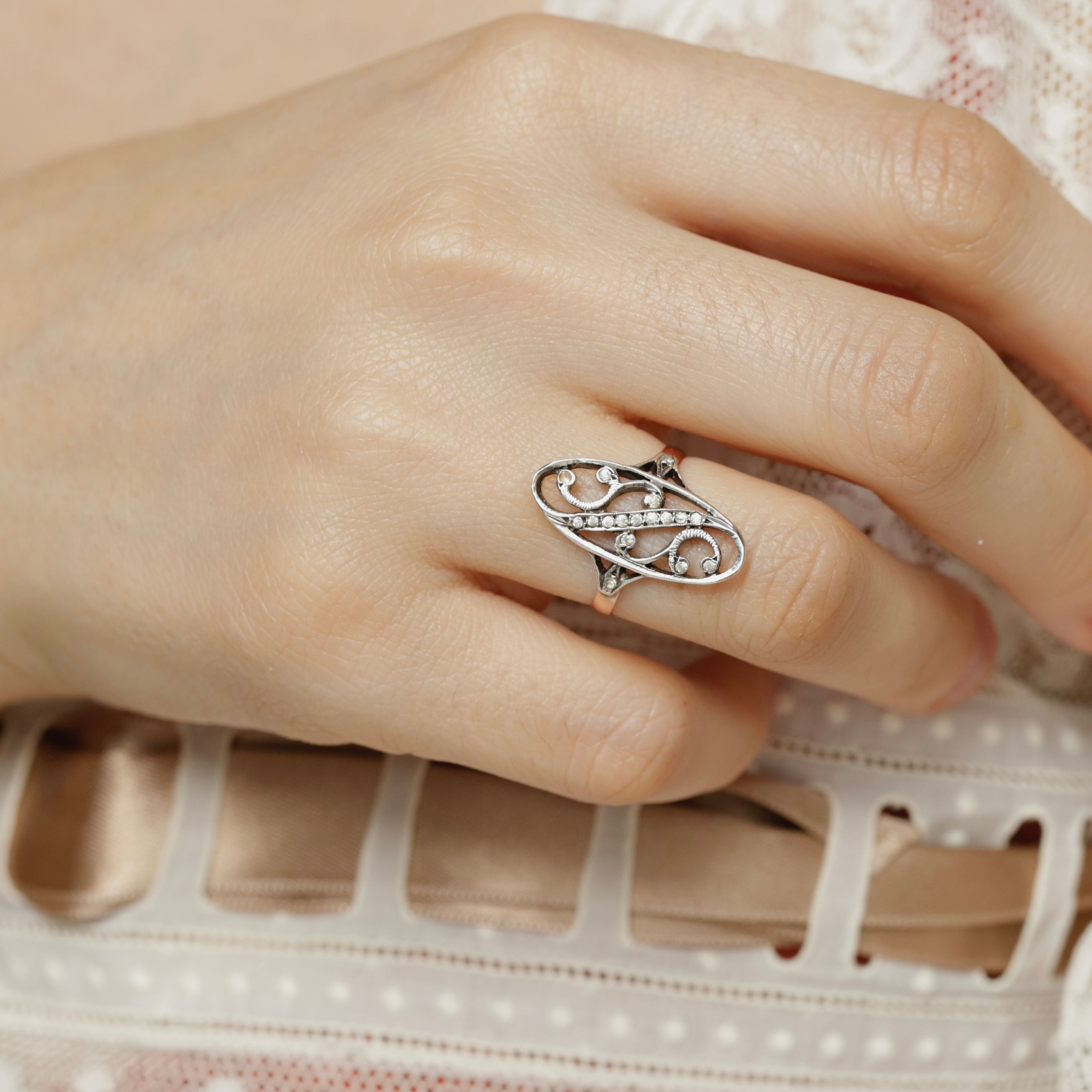 Bague marquise 1900 or et argent