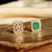 Bague Art Déco diamants style vintage duo émeraude et tourmaline rose