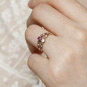 Bague ancienne double anneau pierre rose et perles