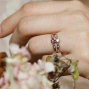 Bague ancienne double anneau pierre rose et perles