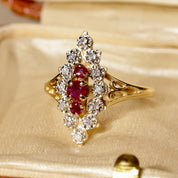 Bague marquise ancienne rubis diamants