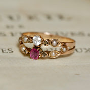 Bague ancienne double anneau pierre rose et perles