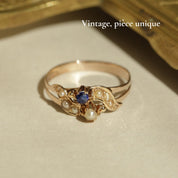 Bague vintage or rose pierre bleue et perles