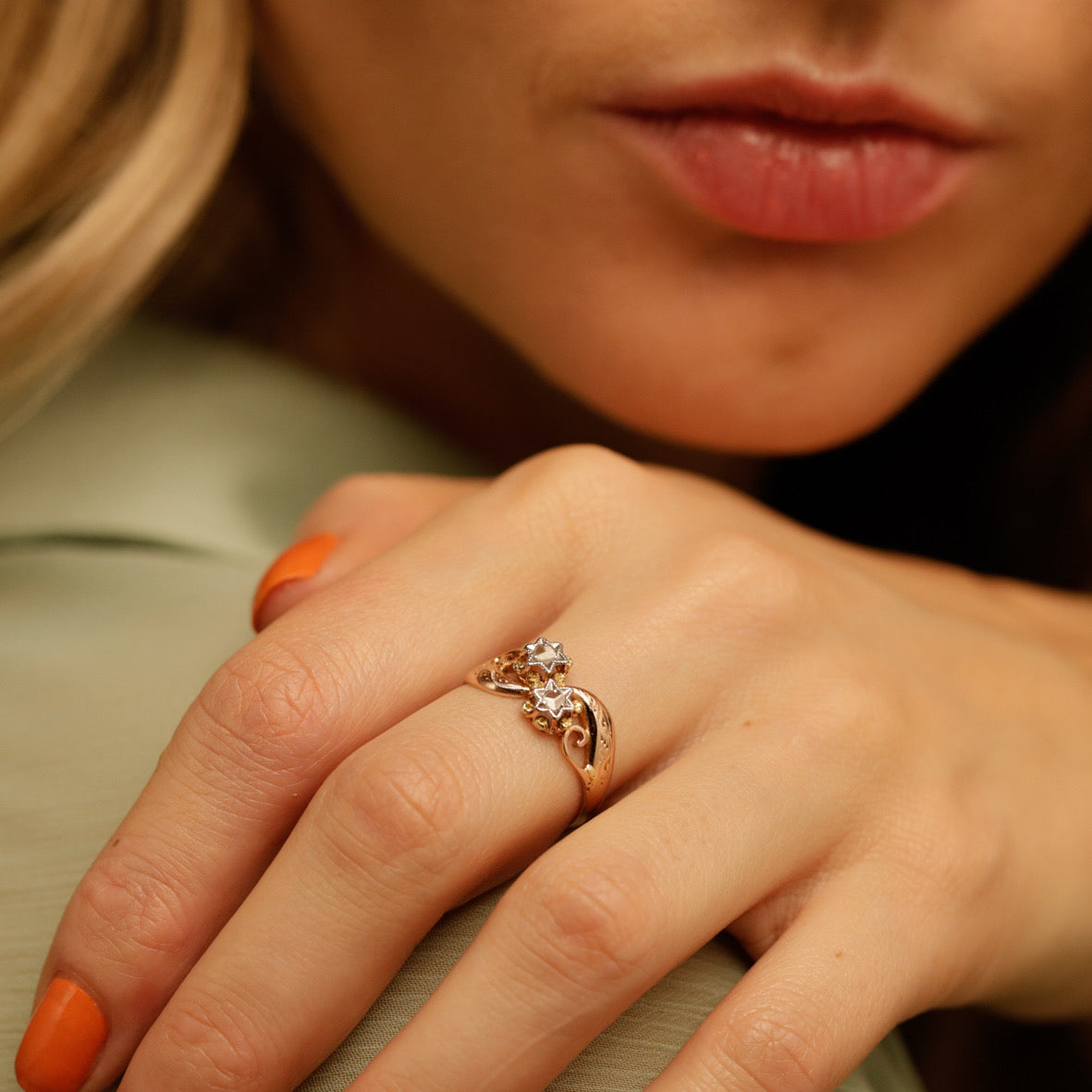 Bague ancienne 1920 or rose & or vert 18 carats avec diamants