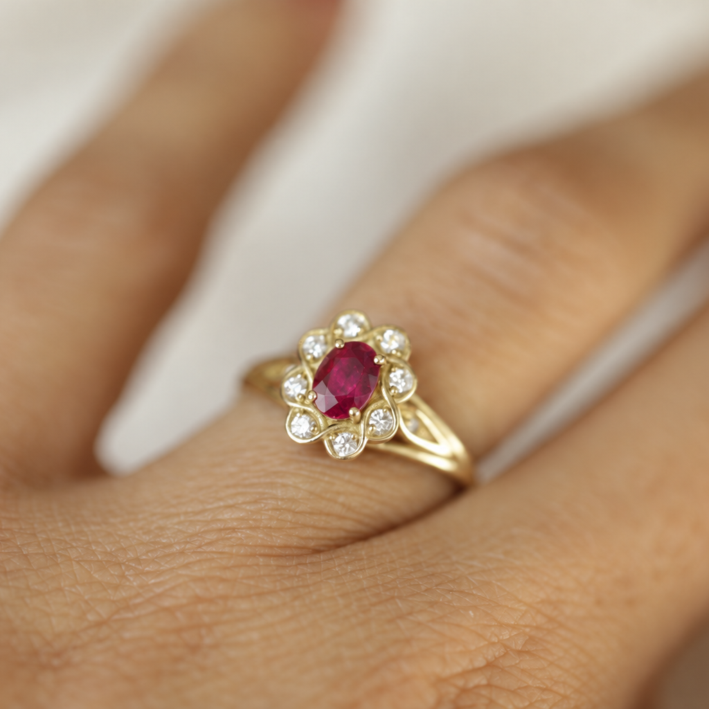Antheia bague marguerite style vintage rubis et or 18 carats recyclé 