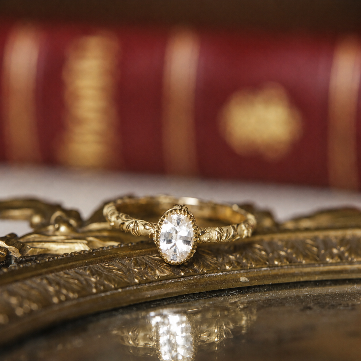 Solitaire Idaé ovale saphir blanc et motif feuillage en or 18 carats recyclé