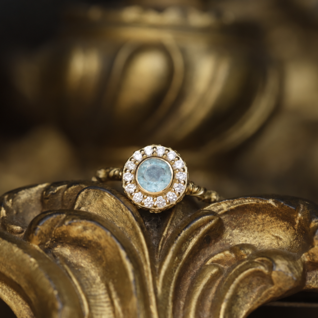 Bague halo aigue-marine et diamants en or 18k recyclé