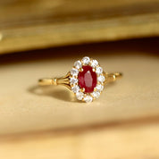 Bague marguerite style vintage rubis diamants or recyclé
