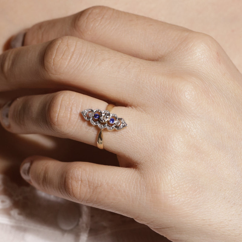 Bague vintage navette dentelle deux ors 2