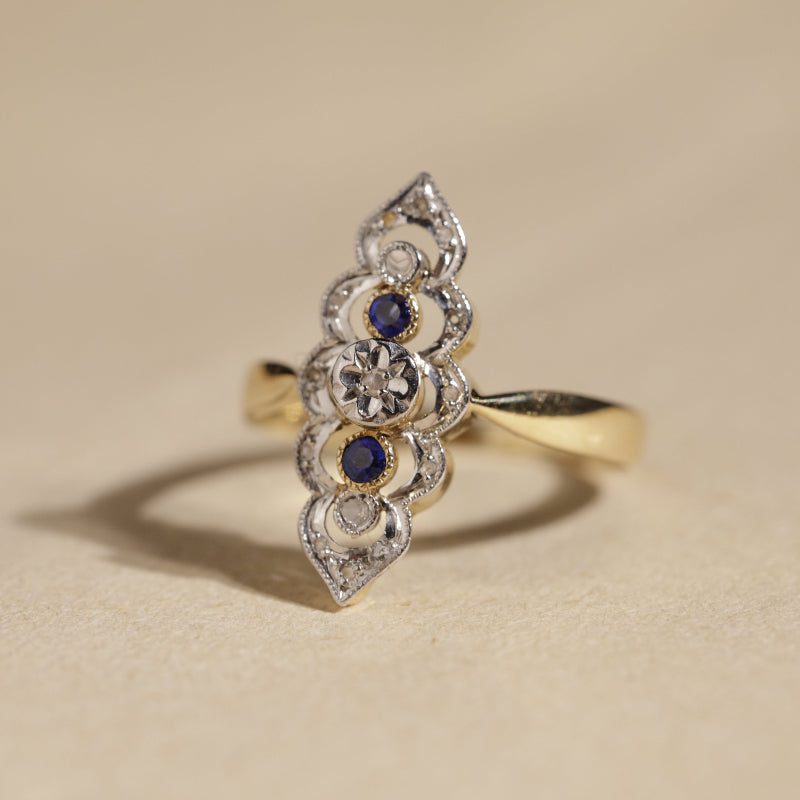 Bague vintage navette dentelle deux ors 3