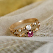 Bague ancienne double anneau pierre rose et perles