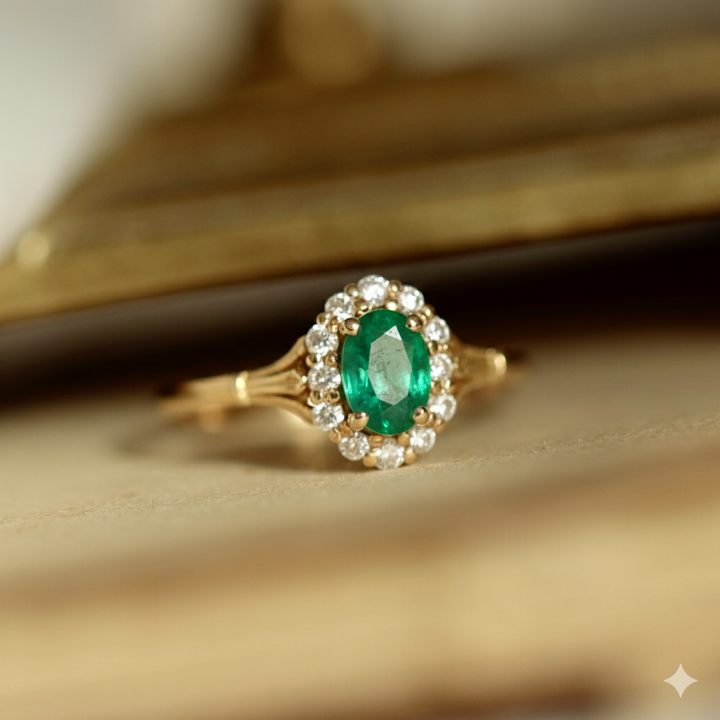 Bague Aurora personnalisée · Bague marguerite émeraude et diamants style vintage