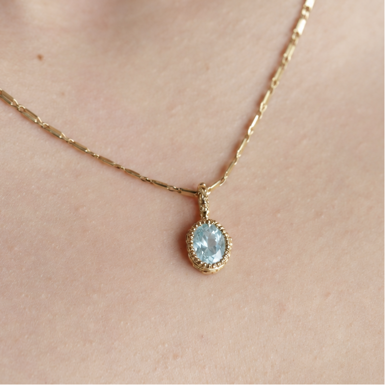 Pendentif Dione style vintage aigue-marine et or 18 carats recyclé 