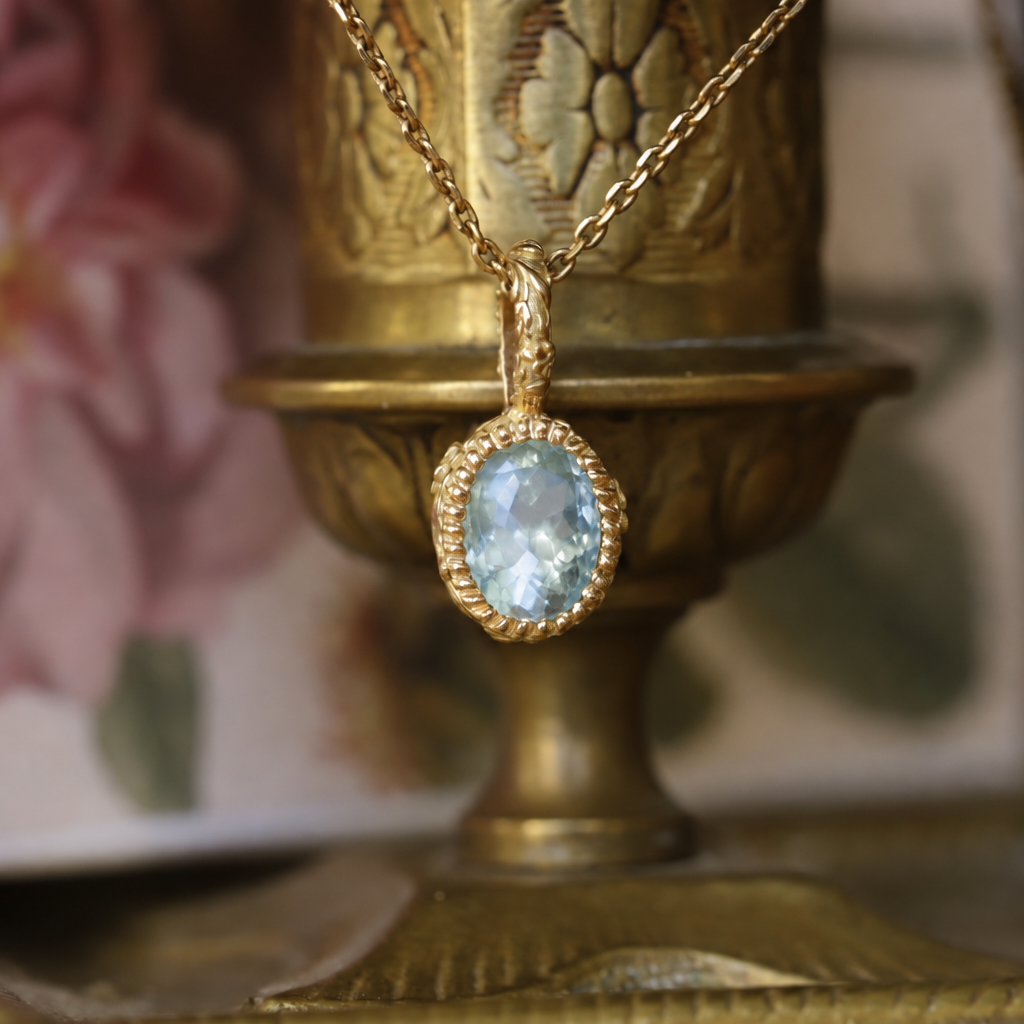 Pendentif Dione style vintage aigue-marine et or 18 carats recyclé 