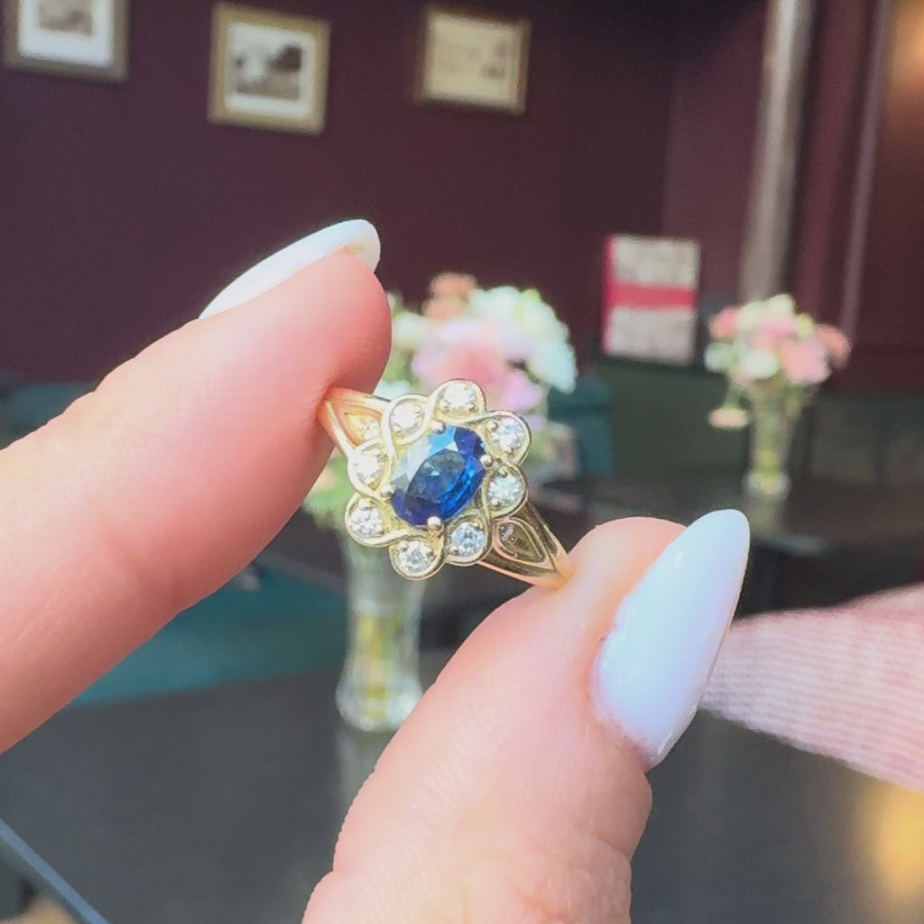 Bague marguerite style ancien saphir diamants