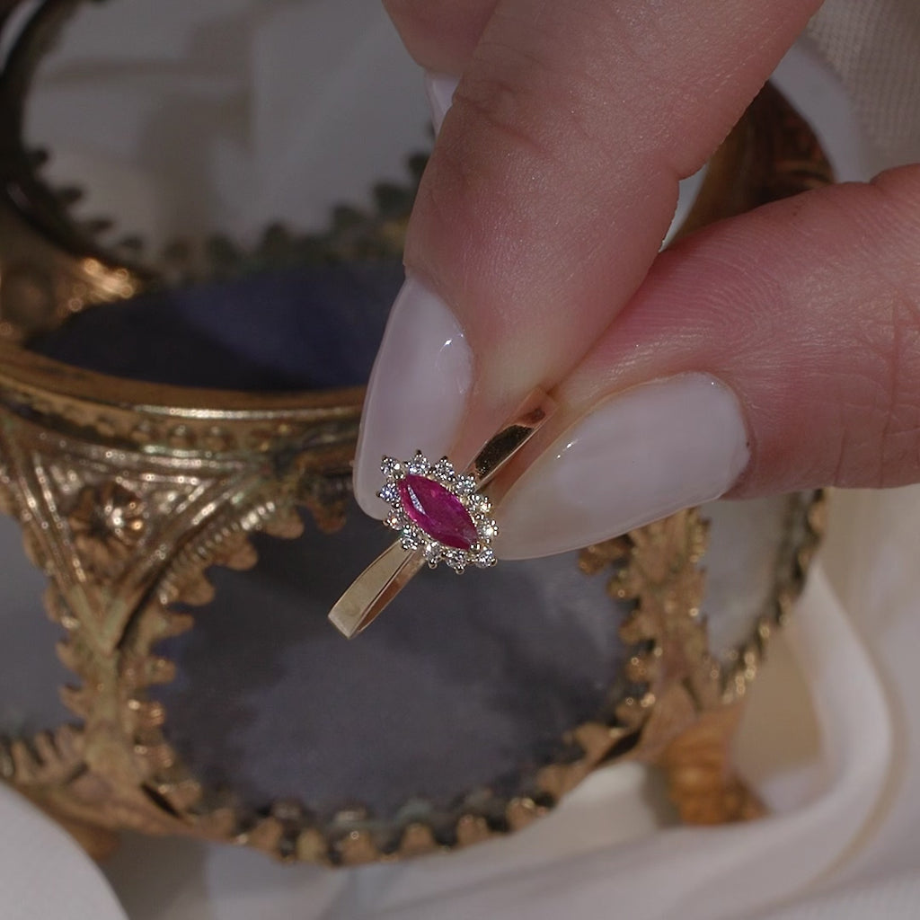 Bague marquise or 18 carats rubis diamants songe 