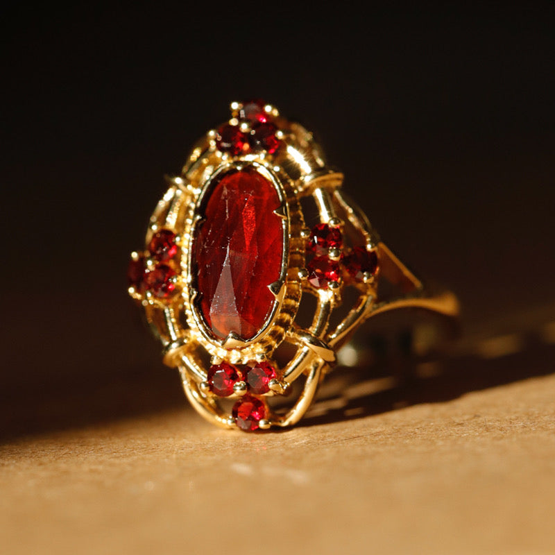 Bague Ancienne Marquise En Argent Et Grenats - Taille 57, Style Navette, Vermeil | Bijou Vintage Occasion