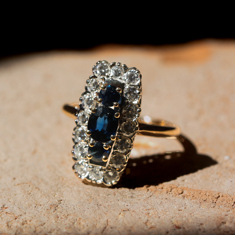 Bague marquise vintage saphirs et diamants